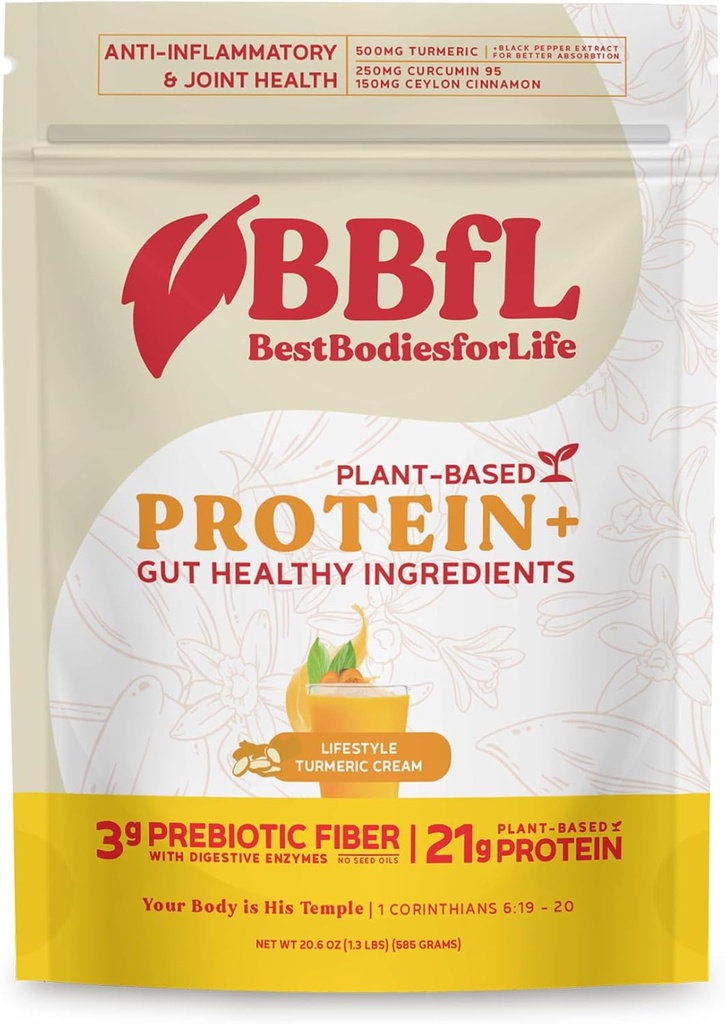 BBfL Pflanzenbasierte Protein Shake – 21g Vegan Protein, Turmeric + Curcumin 95 + Ceylon Cinnamon, Prebiotika, Verdauungsenzyme, unterstützt Entzündungsreaktion – All-in-One Shake (15 Servierungen, Kurkume)