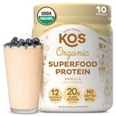 Poudre de protéines à base de plantes KOS, Vanilla USDA Organic - Mélange de protéines de pois à faible teneur en glucides, Superfood végétalien riche en vitamines et minéraux - Keto, Soy, Laiterie - Remplacement des repas pour les femmes et les hommes - 10 portions