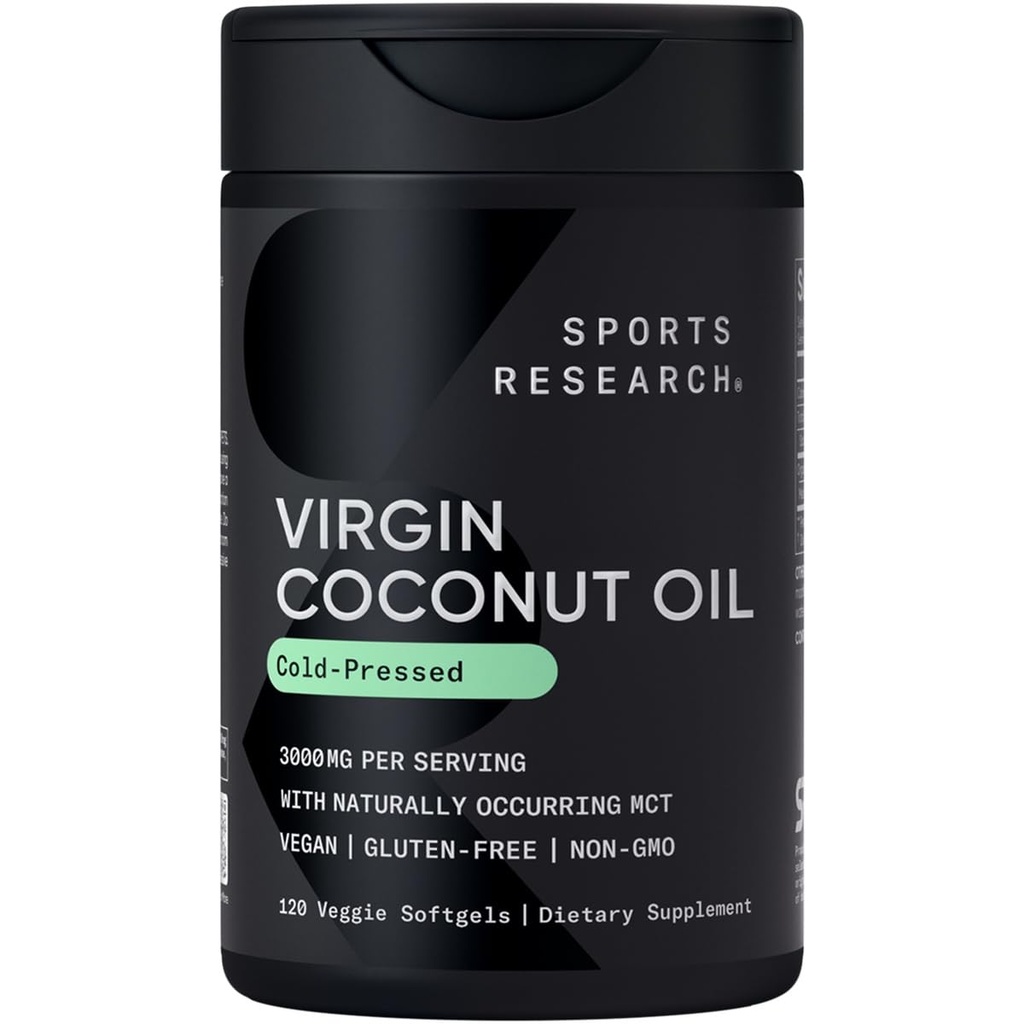 Sports Research® Capsules d'huile de coco biologique 3000MG - Huile de coco extra vierge pressée à froid avec triglycérides à chaîne moyenne (MCT) - Vegan Friendly & Non-GMO Verified - 120 Softgels