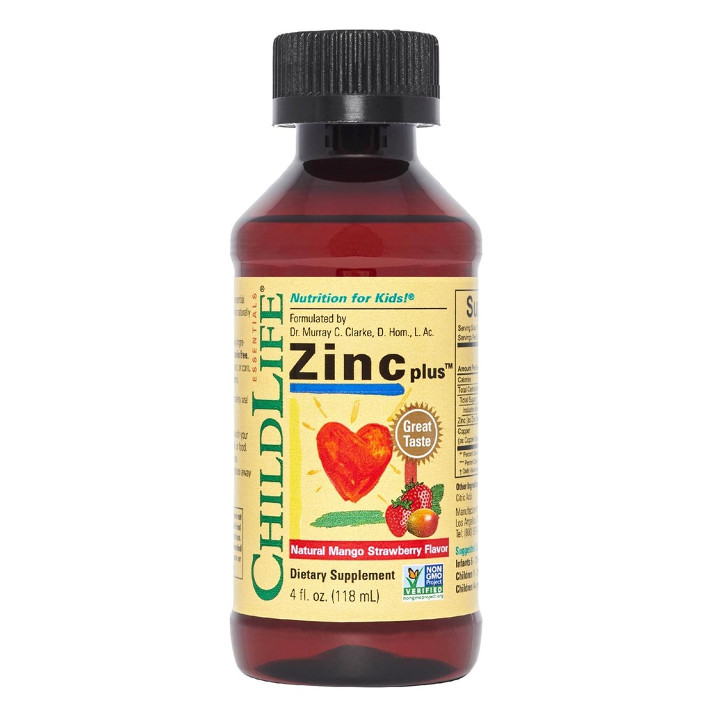 CHILDLIFE ESSENTIALS Flüssiges Zink Plus für Kinder & Kleinkind - Flüssige Ergänzung Tropfen, Zink Gluconate & Kupfer für Immununterstützung - Mango Erdbeere, 4 Fl Oz (Pack von 1)