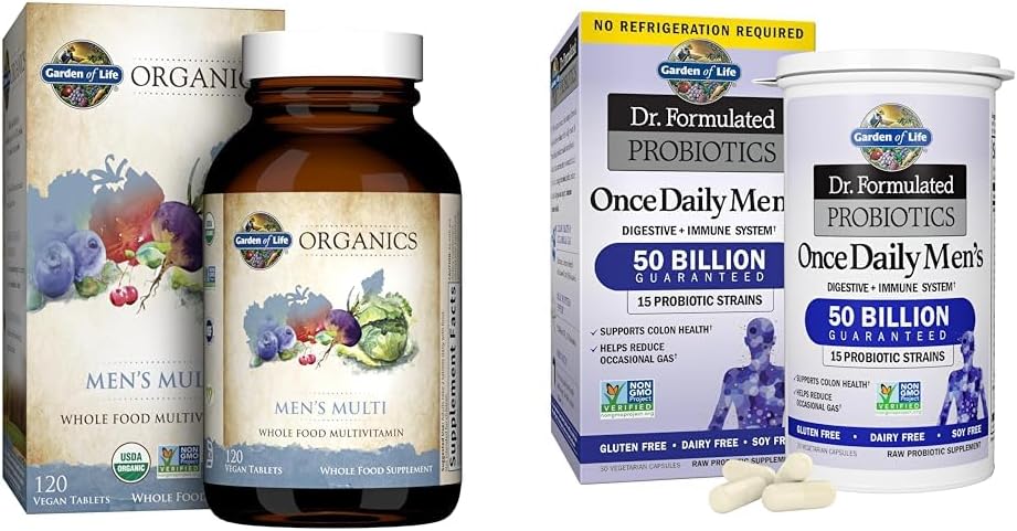 Jardin de la vie aliments entiers biologiques pour hommes Multivitamines et probiotiques Supplément de santé digestif et immunitaire 120 comprimés 30 capsules