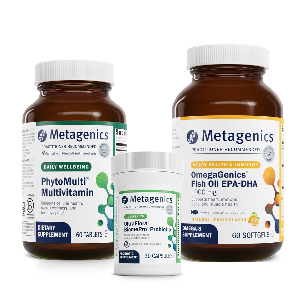 Metagenics PhytoMulti - 60 Tabletten, OmegaGenics EPA-DHA 1000-60 Softgels und UltraFlora BiomePro - 30 Kapseln