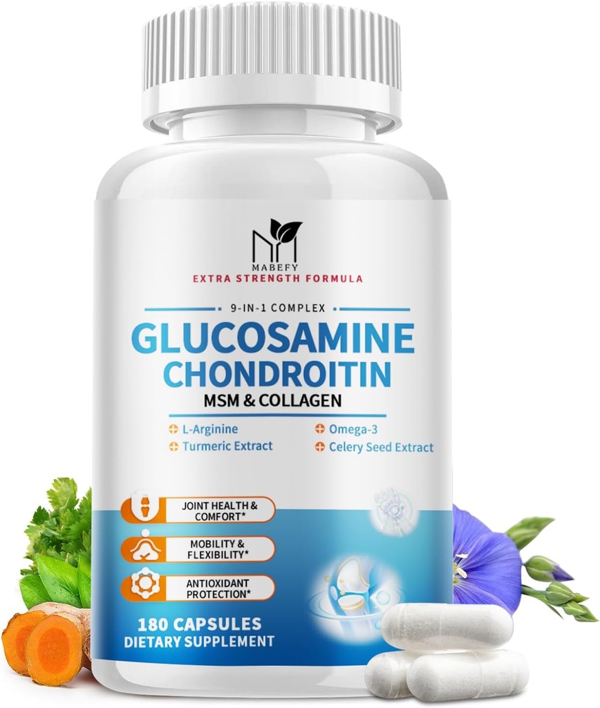 Glucosamin Chondroitin MSM Kapseln, Glucosamin 1500mg mit Collagen, Turmeric, Joint Supplements für Herren,180 Kapseln
