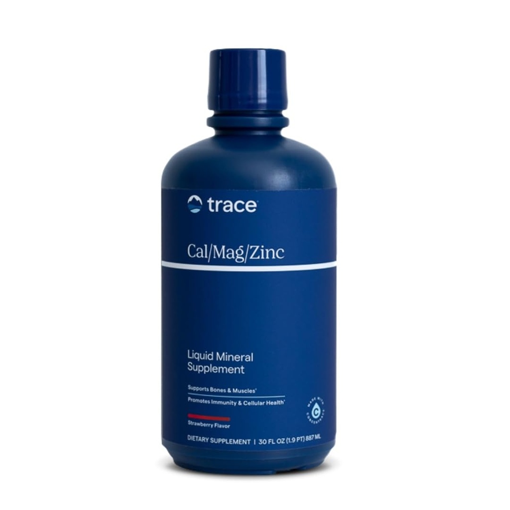Trace Minerals Cal/Mag/Zinc - Supplément minéral liquide pour la santé naturelle du corps - Santé des os, des muscles et des cellules - Soutient l'immunité et l'énergie - Sans gluten - 30 Fl Oz (32 portions) - Fraise naturelle