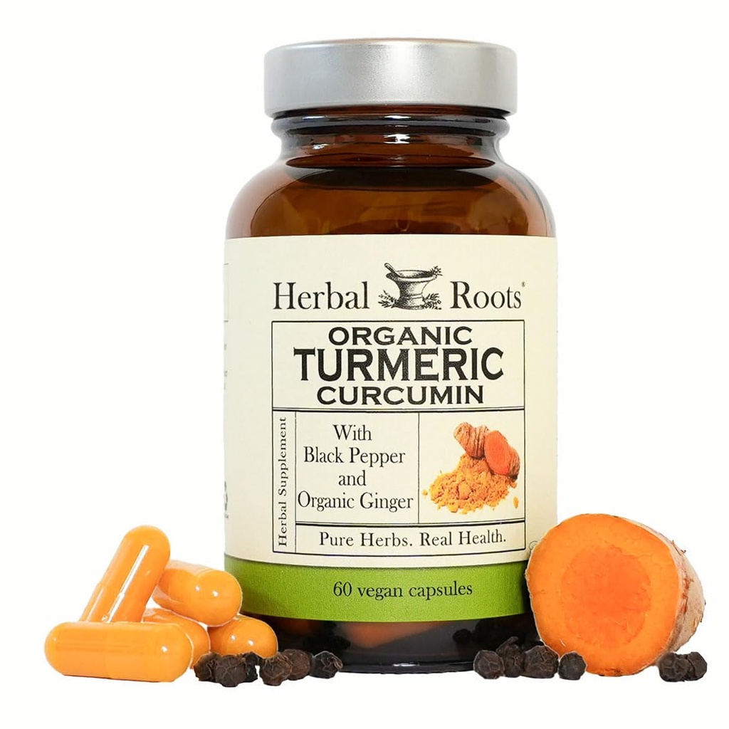 Racines à base de plantes - Capsules Curcumine curcuma curcuma - Extra Strength - Supplément curcuma biologique pur de 1000 mg, extrait de curcuma normalisé à 95 % avec poivre et gingembre biopérine