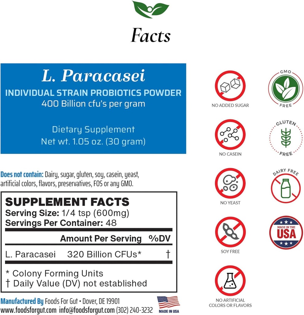 Lactobacillus Paracasei Probiotic Powder 400 Billion cfu's | Made in USA | No Additives | Direct from Manufacturer | No Third-Party Storage | Immune Support | L. Paracasei | 30 Gramm (1.05 Oz)