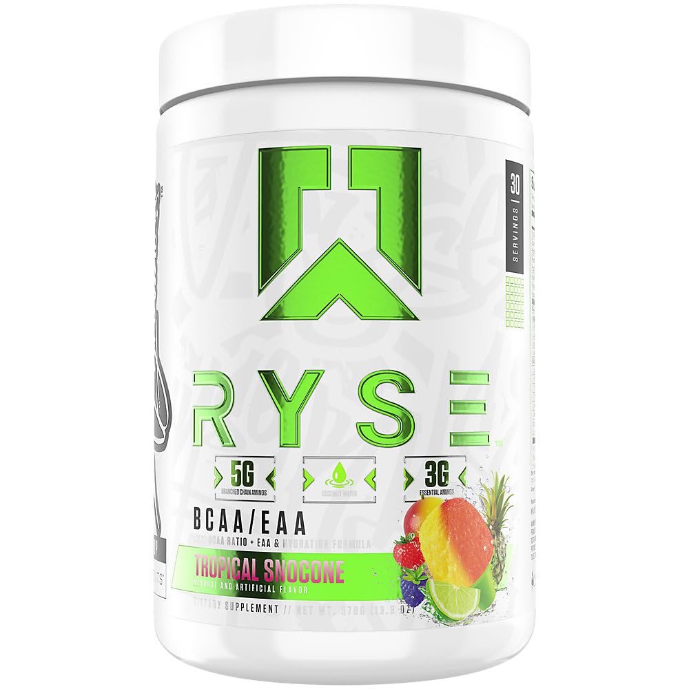 RYSE BCAA Poudre EAA - Snocone Tropical - 5g Acides aminés à chaîne ramifiée, 3g Aminos essentiels, électrolytes sans sucre pour la récupération musculaire, l'endurance, l'hydratation et la force - 30 portions
