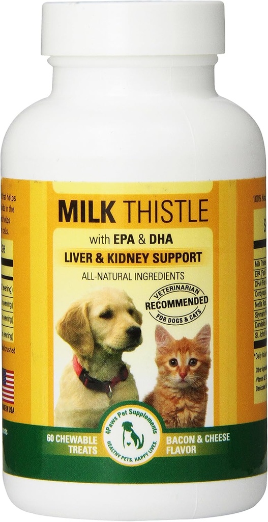 Milk Thistle Liver & Kidney Ergänzung für Hunde und Katzen mit DHA, EPA, Silymarin und Vitamin B (B1 B2 B6 B12) zu verhindern Leber- und Nierenerkrankung - 60 kämpfbare Bäume - Bacon Cheese Flavor