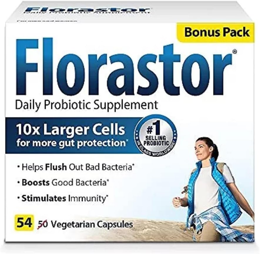Supplément probiotique quotidien Florastor pour les femmes et les hommes, prouvé pour soutenir la santé digestive, Saccharomyces Boulardii CNCM I-745 (54 capsules)