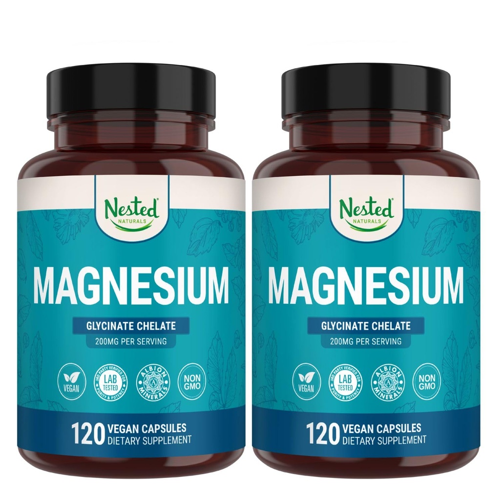 Nested Naturals Magnesium Glycinate Chelate - 200mg Chelat Magnesium Supplement für Muskelkrämpfe, Relaxation, & Sleep Support - 100% Albion TRACCS Gepuffertes Magnesium Glycinat - 240 Vegan Kapseln