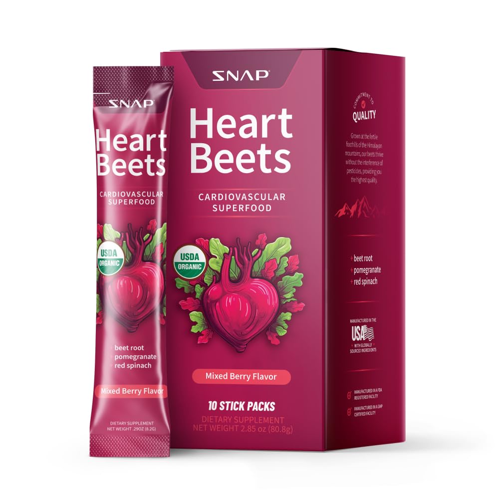 Snap-Ergänzungen Heart Beets Stick Packs, Organic Beet Root Powder Drink Mix, Herz-Kreislauf-Unterstützung für Männer und Frauen, Beets, Granatapfel & Rot Spinat, Nitric Oxide Booster, Mixed Berry, 10 Servierungen