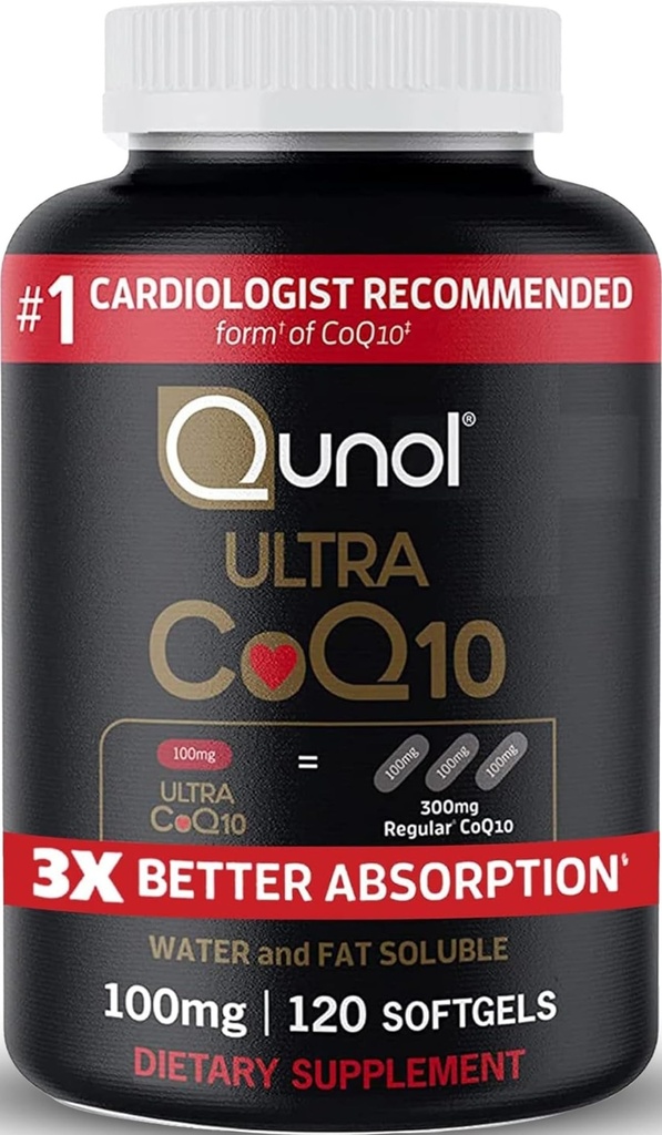Qunol Ultra CoQ10 100mg, 3x Mieux Absorption, eau brevetée et supplément naturel soluble dans le gras Forme de Coenzyme Q10, Antioxydant pour la santé cardiaque, 120 Counter Softgels