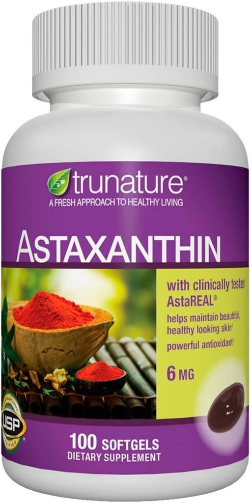 Generische Trunatur Astaxanthin 6 mg. - Verbessert Hautelastizität, Feuchtigkeit, Textur und Ton - 100 Softgels