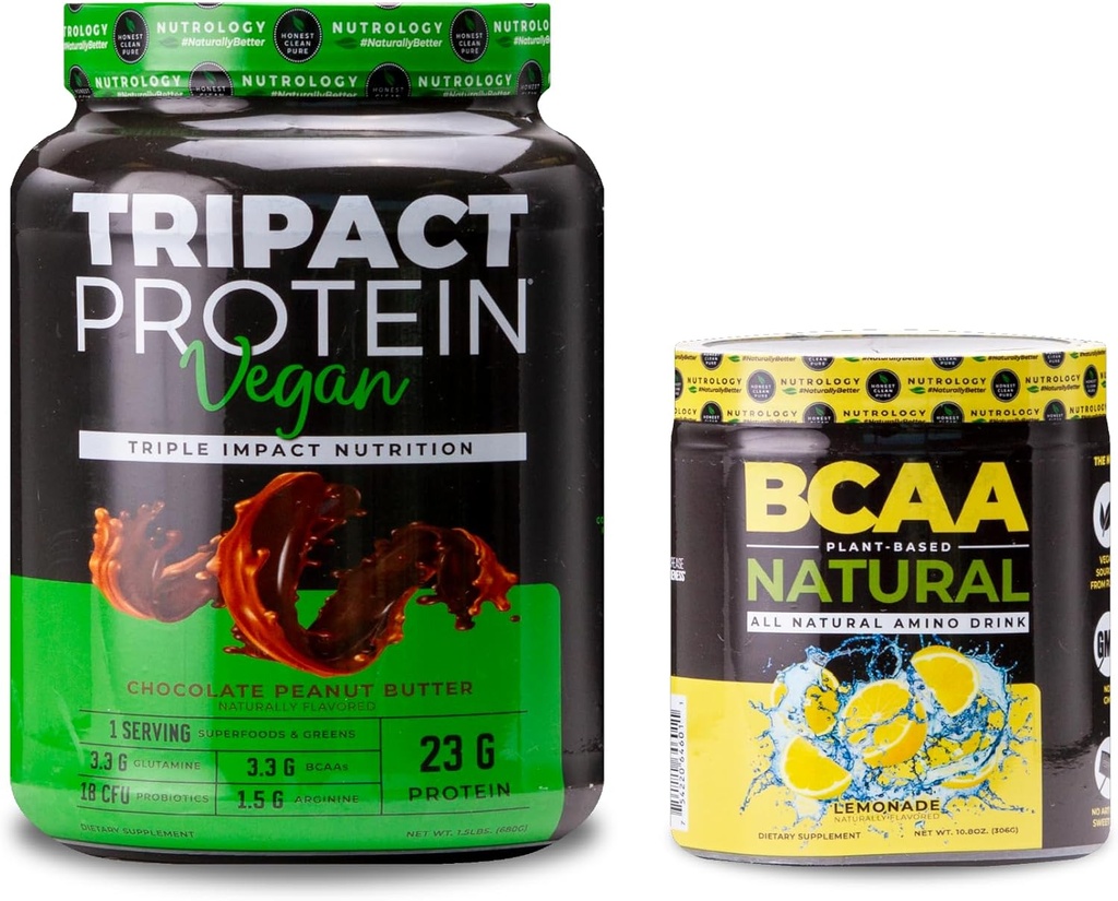Nutrologie TRIPACT Vegan Protein Pulver, für Vegan Protein Shakes, Schokolade Peanut Butter (20 Servierungen) BCAA Natürlich, Pflanzenbasierende BCAA Pulver, Lemonade Flavor (30 Servierungen)