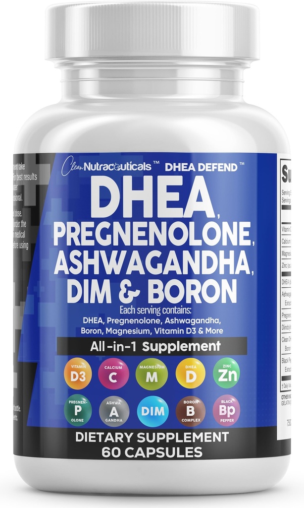 DHEA 200mg Supplement Pregnenolone 100mg für Männer & Frauen mit DIM Ashwagandha Boron 6mg Complex Calcium Magnesium Zink 50mg Vitamin D3 5000 IU Hormone Unterstützung Kapseln Pillen Made in USA 60 Count
