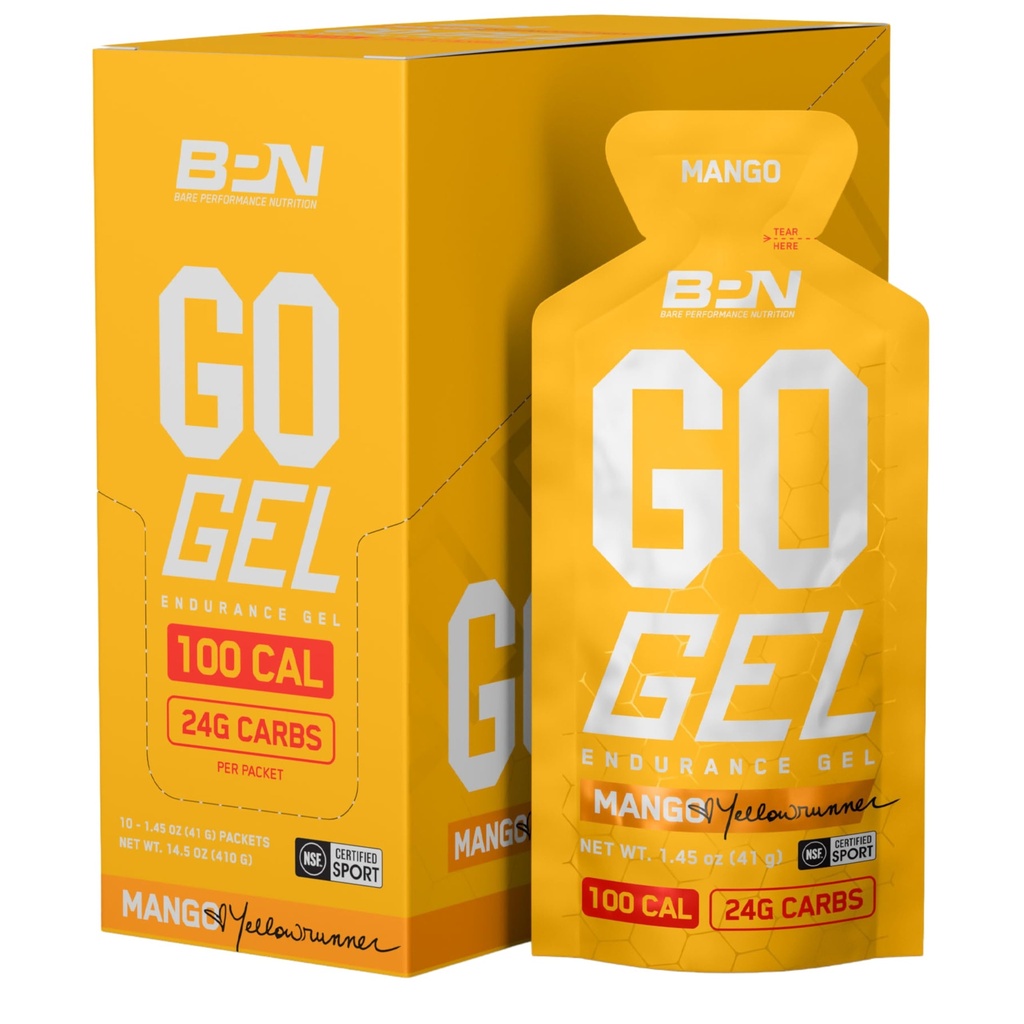 BARE PERFORMANCE NUTRITION, BPN Go Gel Endurance, 24g Kohlenhydrate & 100 Kalorien pro Packung, Vegan + Gluten Free Running Gel, 10 Single-Serving Packs, Mango