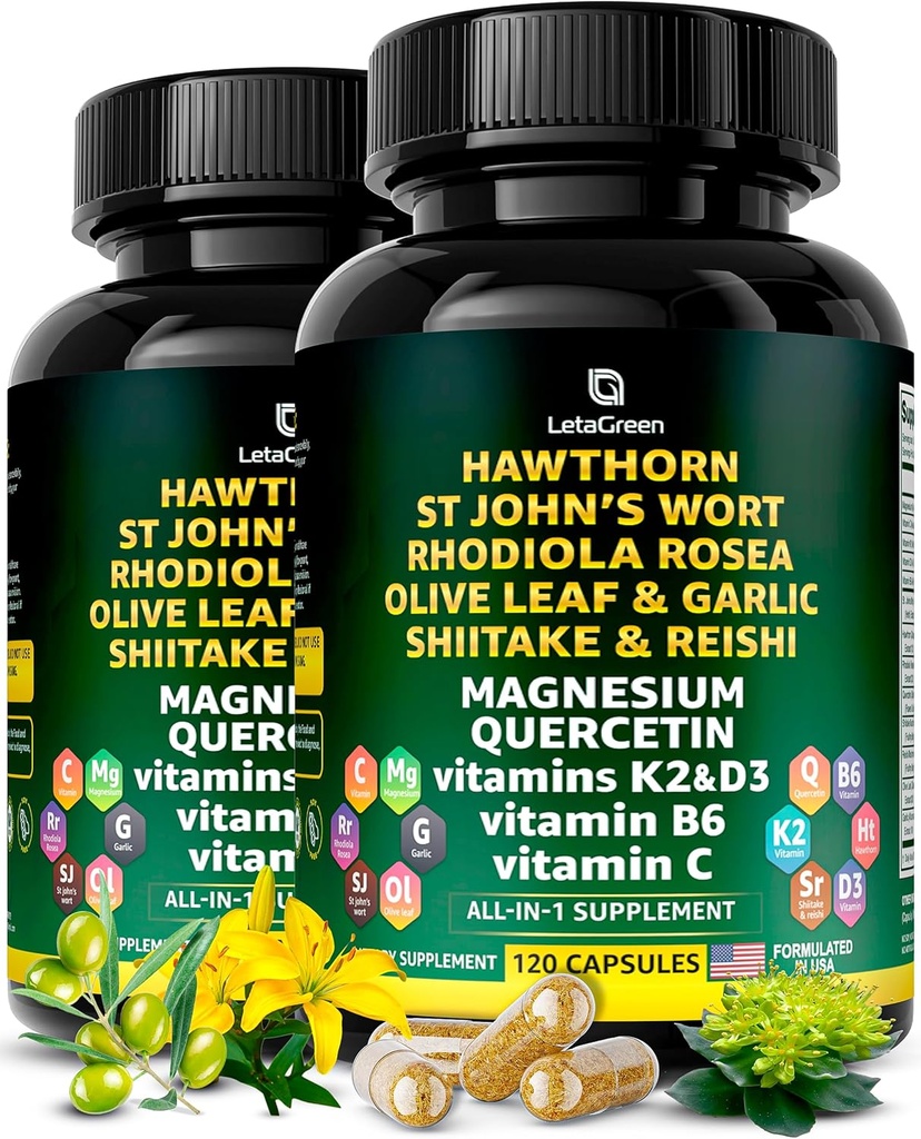 Bio Hawthorn Berry Capsules - Hawthorn Berry mit St Johns Wort Rhodiola Rosea Olive Leaf Shiitake Reishi Pilz Quercetin & Vitamin C, D3, K2, B6 & Magnesium (240 Zähler)