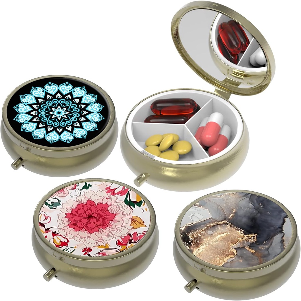 Small Pill Box,Pill Case for Purse&Pocket,3 Compartments Travel Pill Case Medication Organizer Speicher für Vitamine, Pillen, Fischöl und Ohrringe, Studs,Bronze-3Round