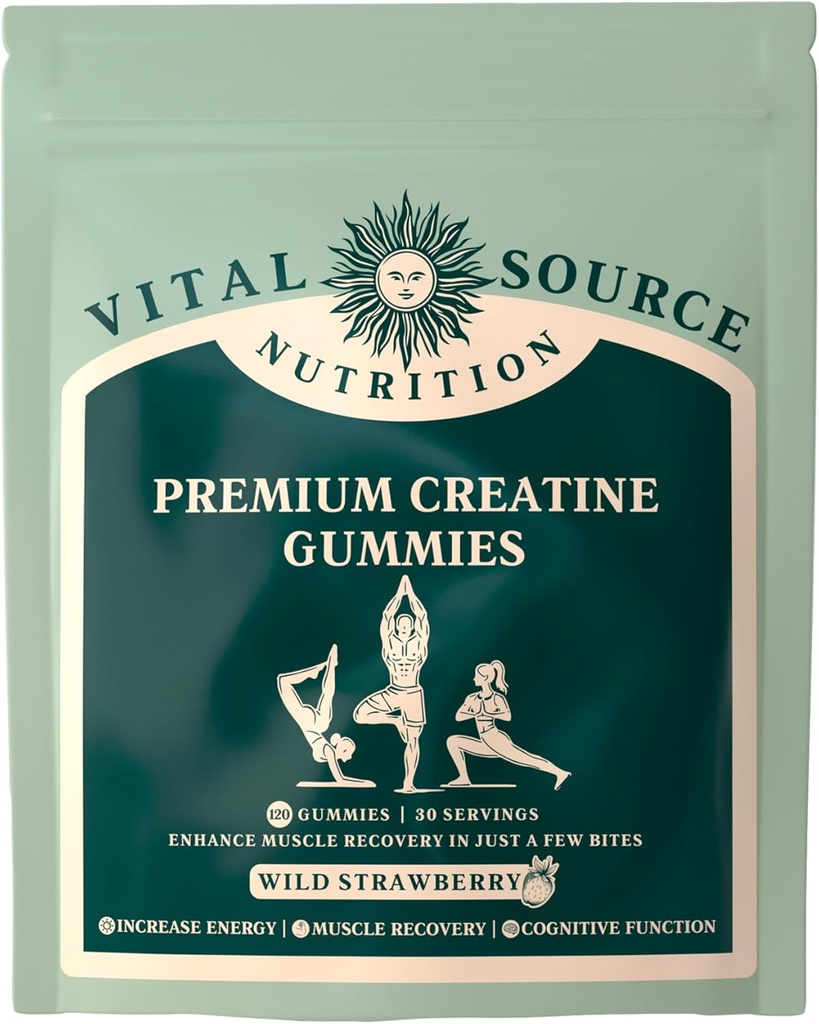Vital Source Nutrition - Premium Creatine Gummies - Muskelwachstum, Erholung & Energie Unterstützung - 5g Creatine Monohydrate - Vegan, Glutenfrei & Halal - Wild Erdbeere - 120 Gummi - 30 Servietten
