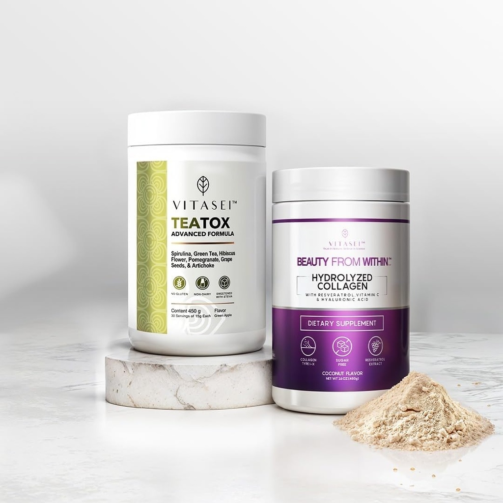 Collagène de noix de coco VITASEI & Teatox Detox Bundle – Poudre de Peptides de Collagène hydrolysée et nettoyant Poudre de soutien pour cheveux, peau, ongles et santé digestive
