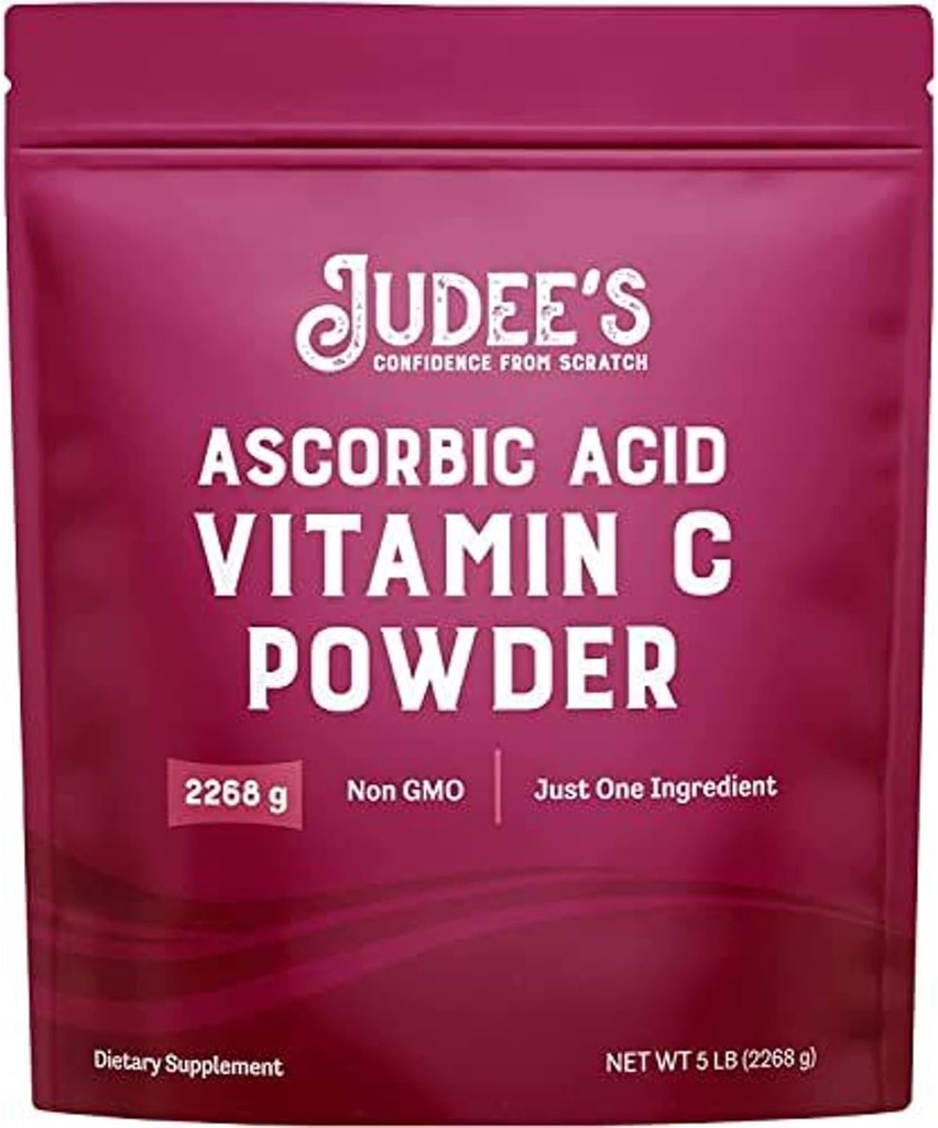 Judee - Poudre de Vitamine C pure 5 lb - 100% Non-OGM, sans gluten et sans noix - (L - Acide ascorbique) - Support immunitaire et supplément antioxydant - Pas de remplissage - pour cosmétiques et aliments de conservation