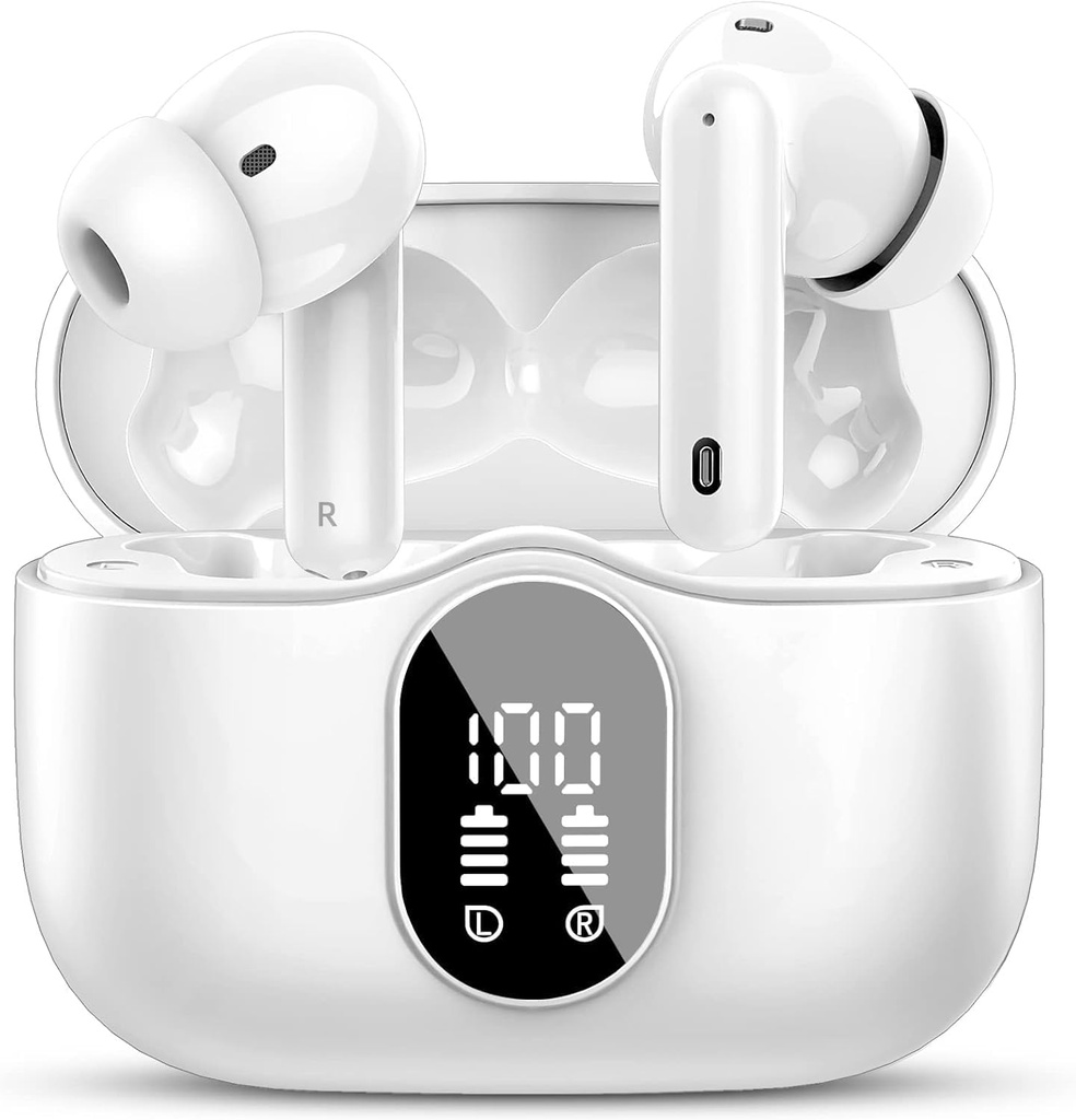 Btootos Ecouteurs sans fil Bluetooth 5.4 Casques Basse Stéréo Ear Buds avec bruit Annuler Mic Affichage LED dans l'oreille Earphones IP7 Imperméable 36H Playtime pour Ordinateur portable Téléphones Sports Workout Blanc