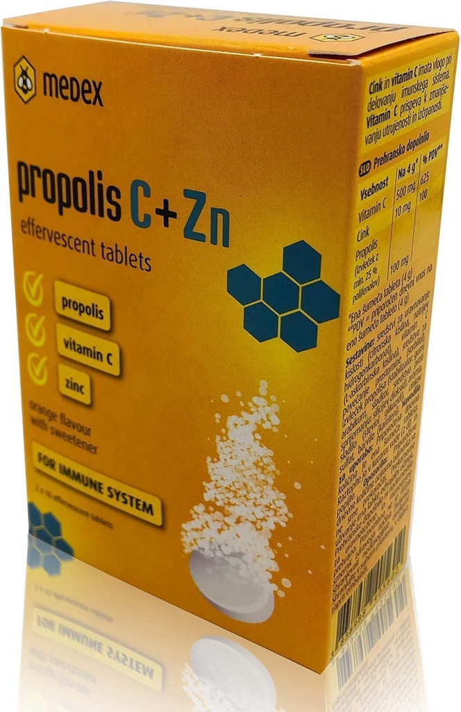 MEDEX Natural Bee Propolis Tabletten - Vitamin C mit Zink-Effervescent Tabletten für die Wartung von Immununterstützung Extra Defence Supplement - 20 Tabletten - 80 gm