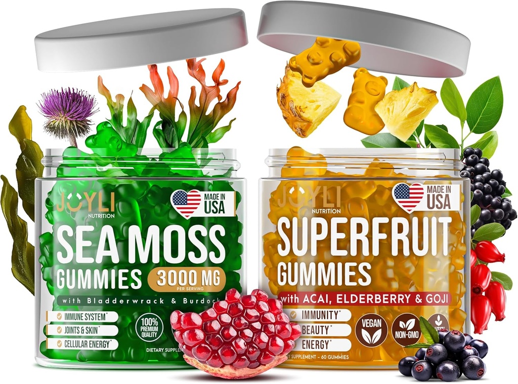 Irish Sea Moss & Superfruit Gummis - Fruit Multivitamin Gummies & Sea Moss Gummi für Erwachsene, Kinder - Superfruits, Irish Sea Moss Bladderwrack Burdock Root - 60 Superfruit, 60 Irish Sea Moss Gummies