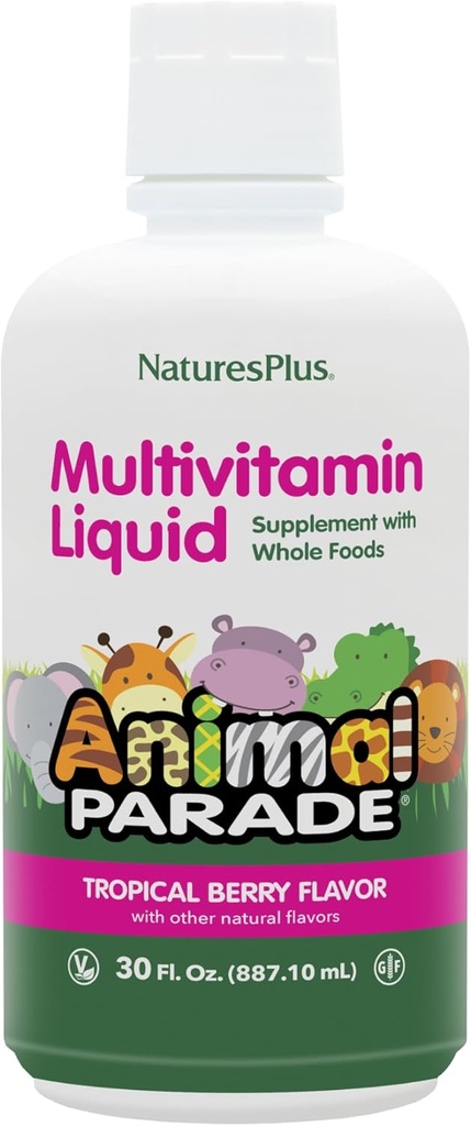 NaturesPlus Tier Parade Quelle des Lebens Kinder flüssiges Multivitamin - Tropische Berry Flavor - 30 fl oz - Ganzes Nahrungsergänzungsmittel - Vegetarisch, Glutenfrei - 60 Portionen