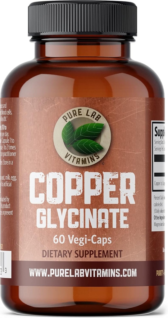 Pure Lab Vitamine Kupfer Glycinat Mineral Supplement -1 mg - 60 Vegan Caps essentiell für Kollagenproduktion, unterstützt Immunsystem & Red Blood Cell Formation - Glutenfrei Made in Canada
