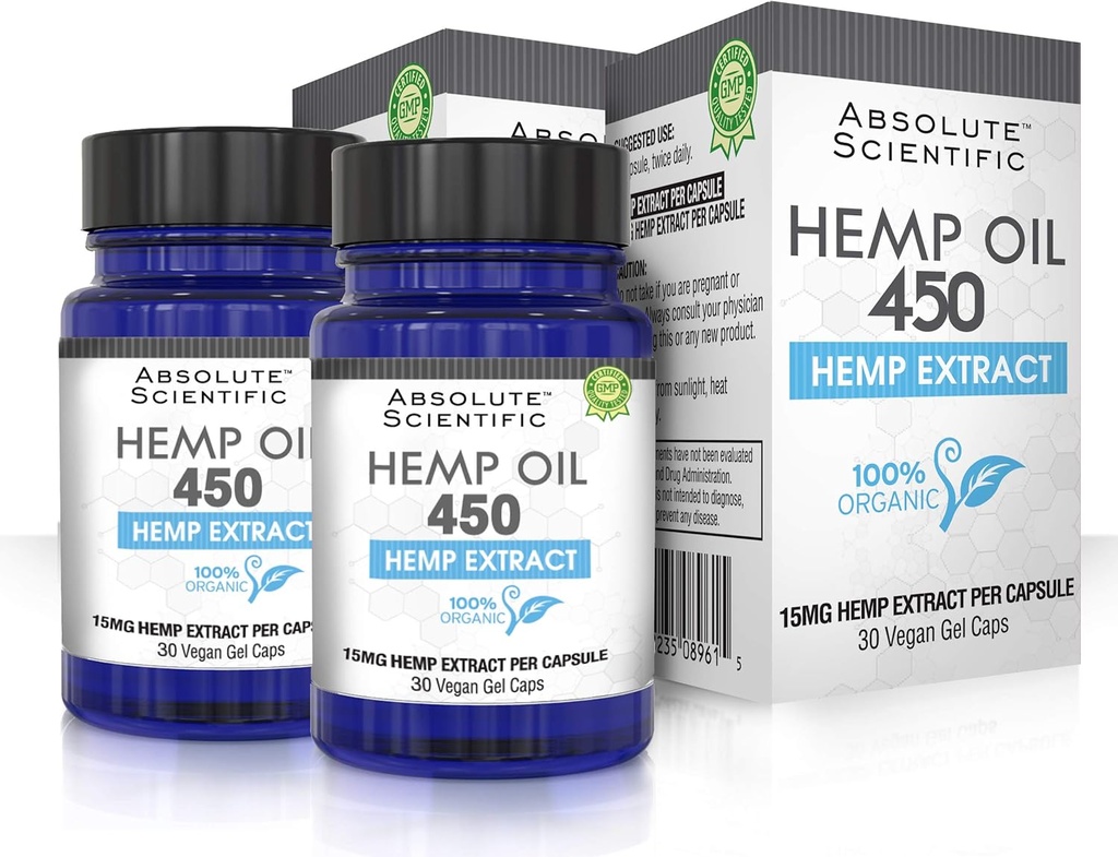 Absolute Nutrition - Hanföl 450 Kapseln 2 Pack 60ct - 100% Bio Hanf Kapseln - Reich an Omega Fatty Acids 3 6 9 - gesät und Made in USA - mit MCT-Öl
