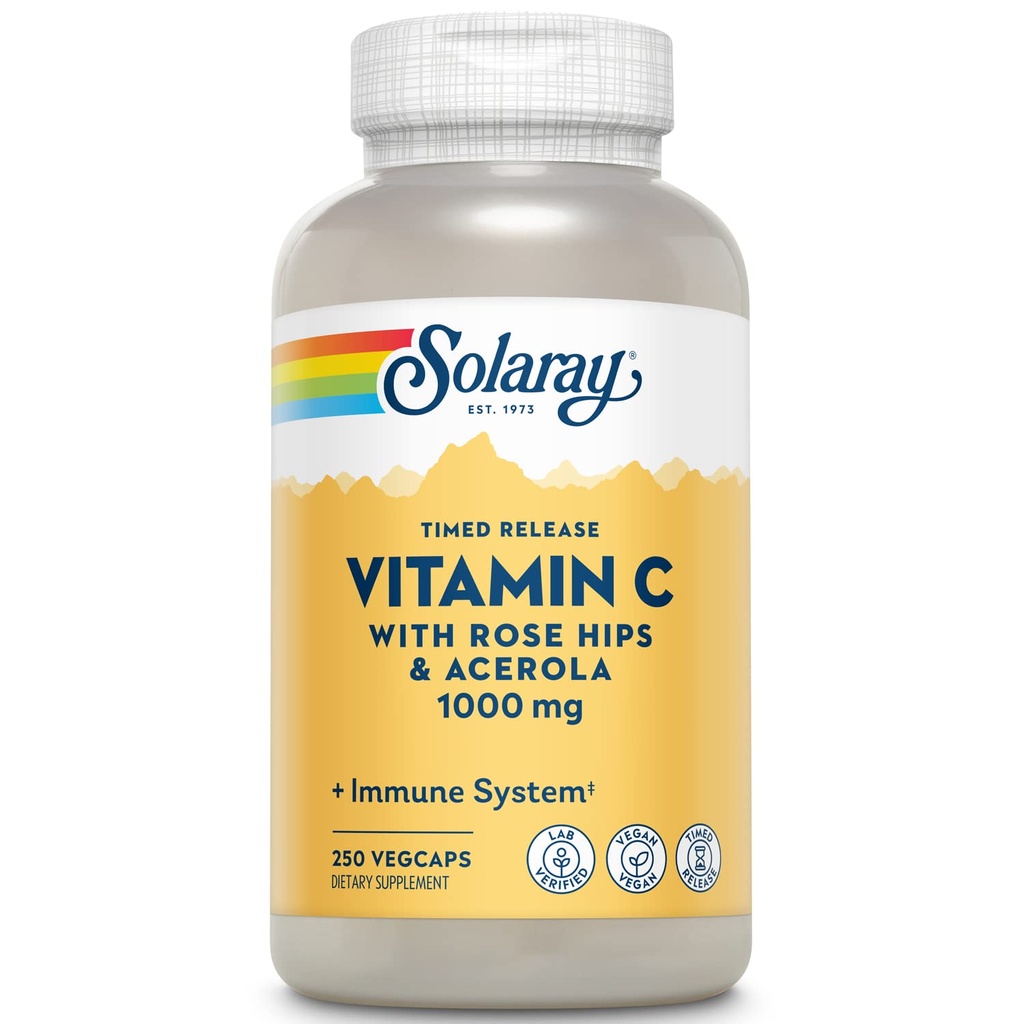 SOLARAY Vitamin C mit Rose HIPS & Acerola | Zweistufige Timed-Release Formel | 1000mg | 24-Stunden Immununterstützung & Antioxidans Ergänzung | 250 Ct.