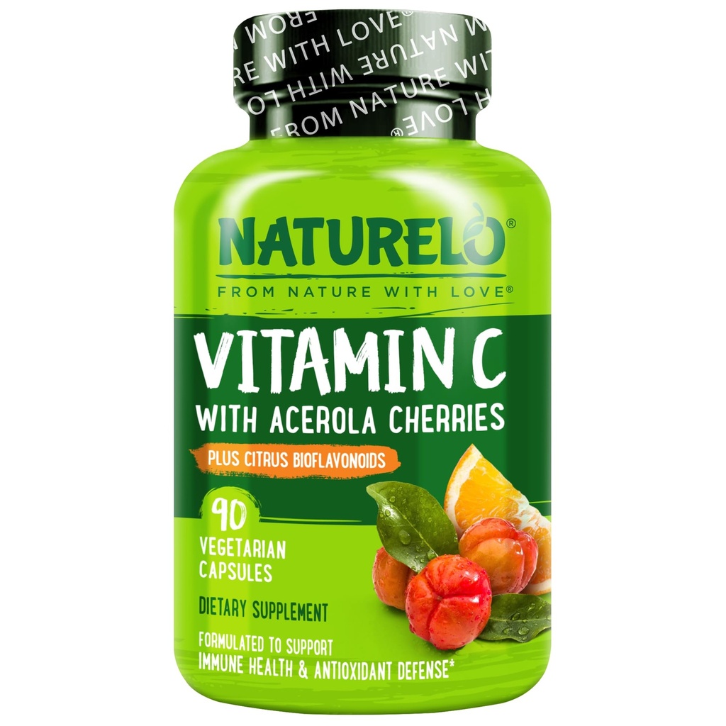 NATURELO Vitamin C mit Bio Acerola Cherry Extract und Citrus Bioflavonoids - Vegan Supplement - Immununterstützung - 500 mg VIT C pro Cap - Non-GMO - 90 Kapseln
