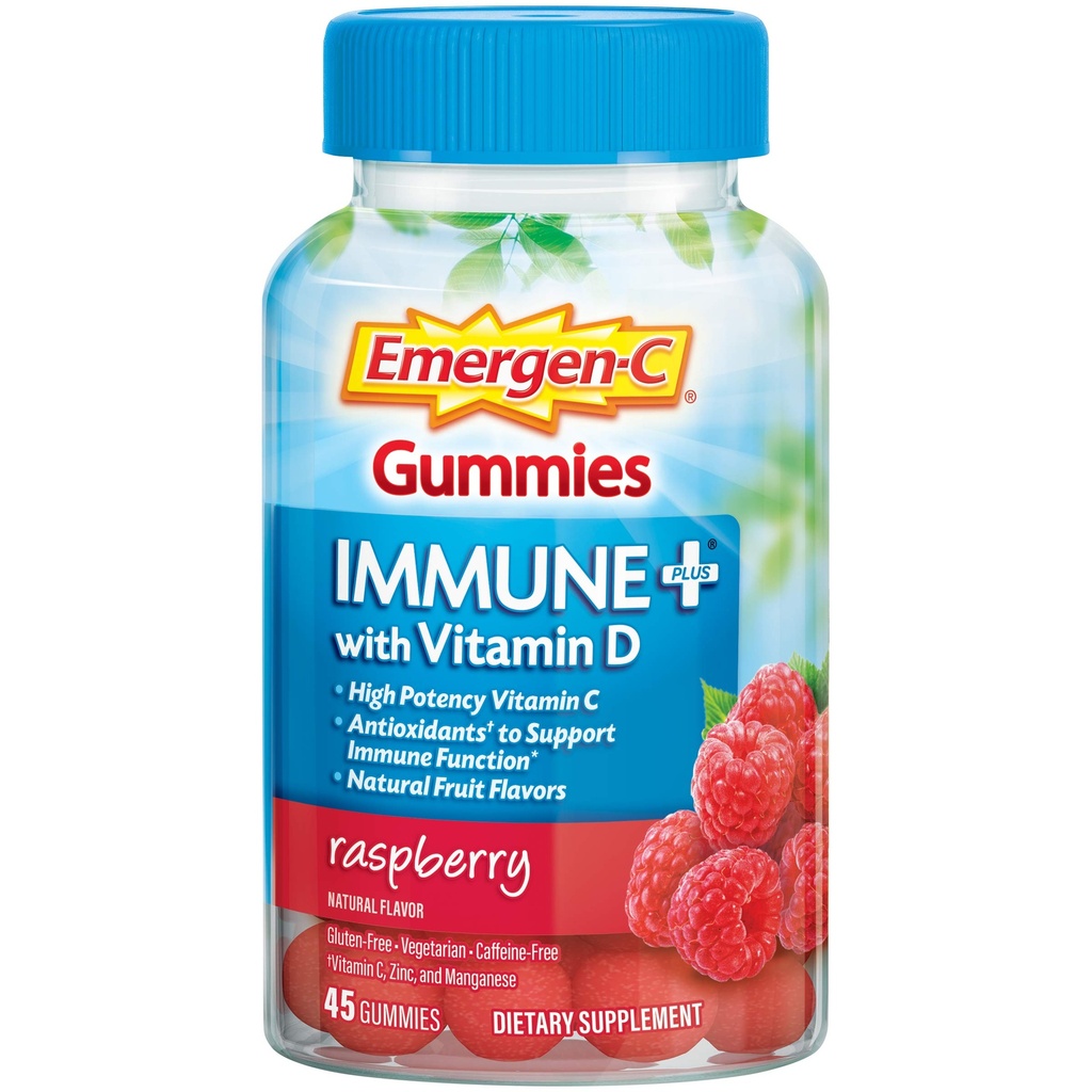 Emergen-C Immune+ Triple Action Immune Support Gummis, BetaVia (R), 1000mg Vitamin C, B Vitamine, Vitamin D und Antioxidantien, Himbeere, Zurück zu School Essentials – 45 Count