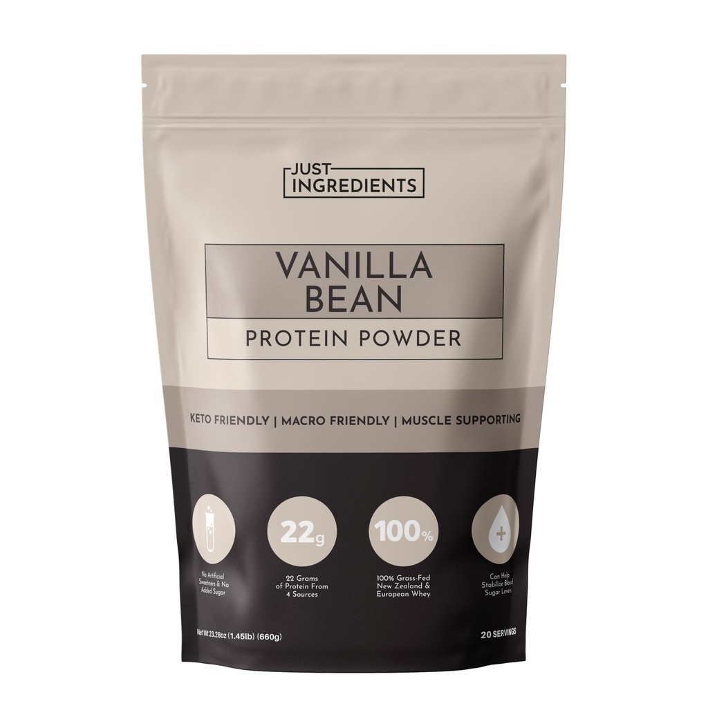 JUST INGREDIENTS Vanille Bean Protein Powder – 20-Serving Blend mit 100% Grass-Fed Whey & Organic Plant Proteins – Real Vanilla Bean & Cinnamon – Unterstützt Muskelrückgewinnung, Energie*