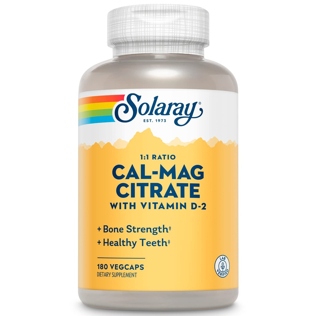 SOLARAY Calcium Magnesium Citrat 1:1 Ratio w/Vitamin D 2 - Calciumergänzungsmittel für Damen und Herren - Calcium 1000mg, Magnesium 1000mg - Knochengesundheitsunterstützung - 60-Tage Garantie, 30 Servietten, 180 VegCaps