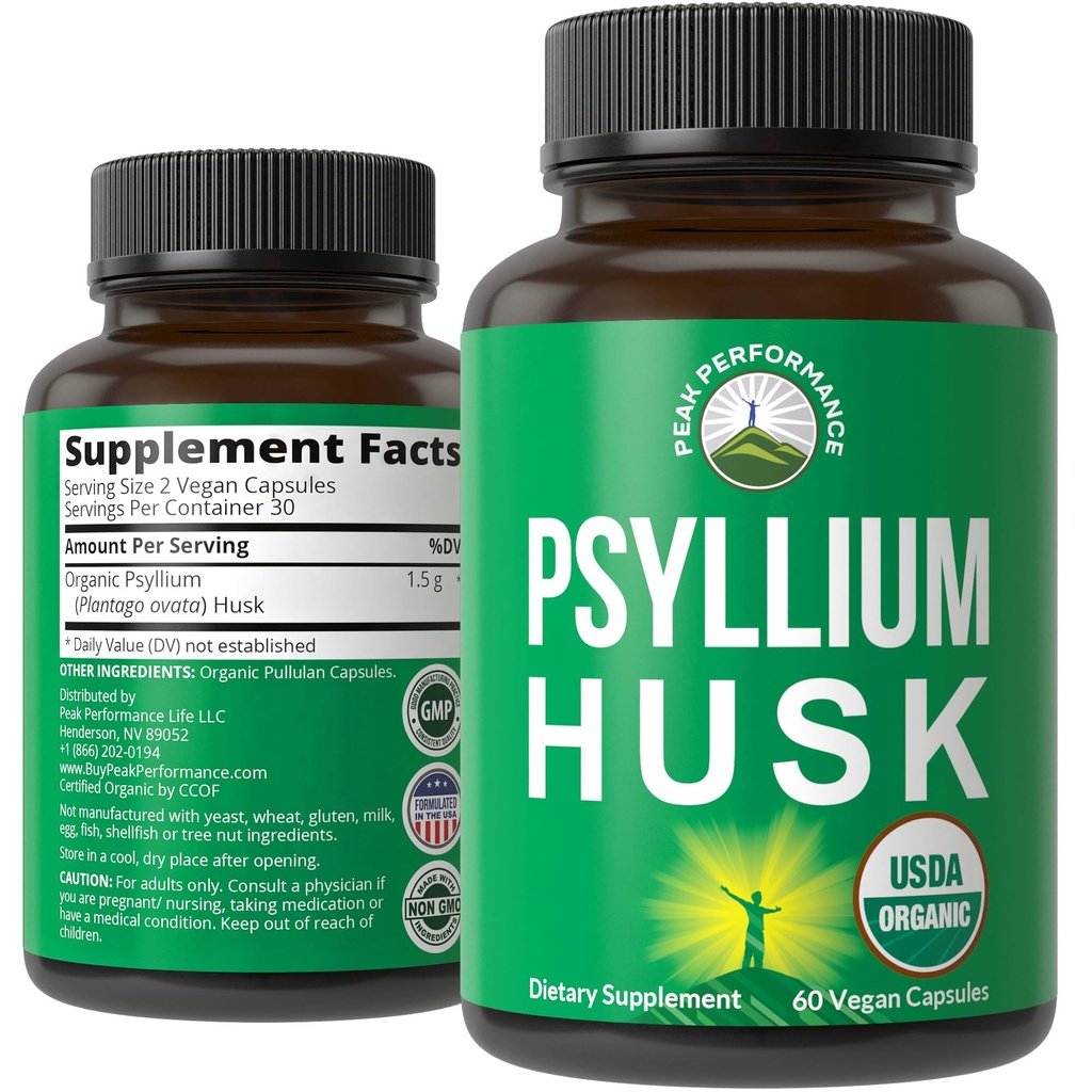 USDA Psyllium Organic Musk Capsules Vegan faites avec Psyllium Organic Husk Seed. Supplément fibre pour Gut. Prébiotiques digestifs. Des pilules pour la digestion, sans ballonnement. Comprimés
