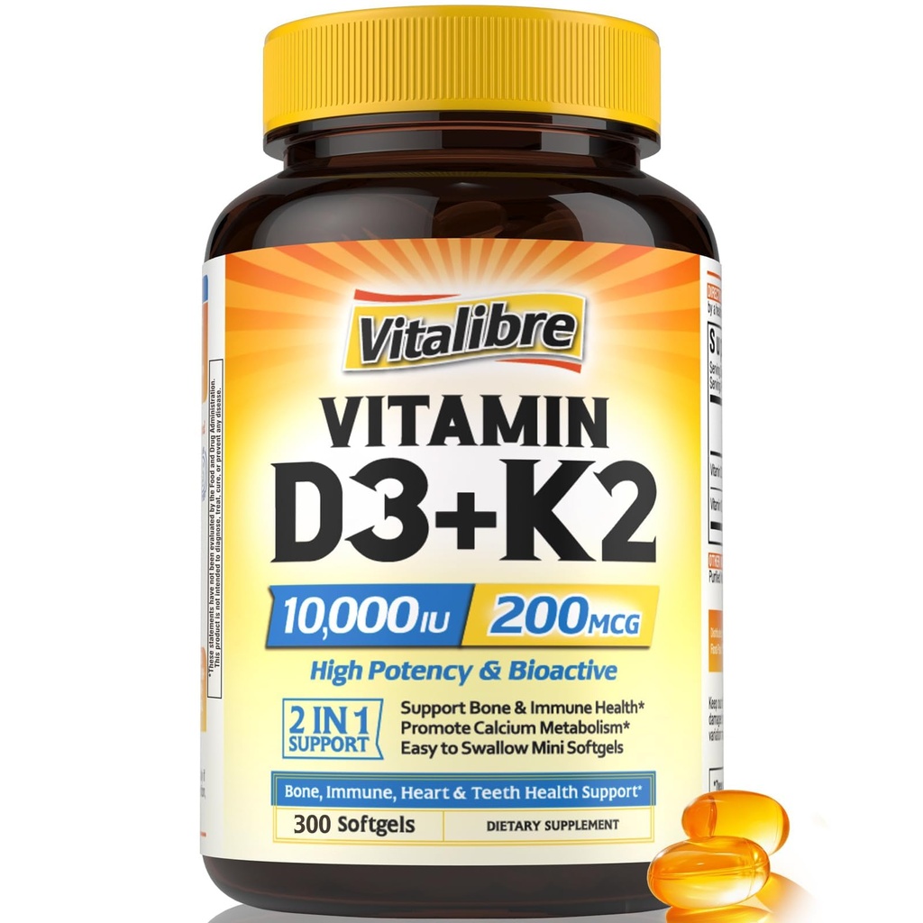 Vitamin D3 K2 Beilage, 10000 IU D3 / 200 mcg K2 MK7, Kalziumabsorption, Knochen, Herz, Immun- und Stimmungsunterstützung, Verbesserte Absorption, keine Soja, leicht zu schlucken, 300 Softgele