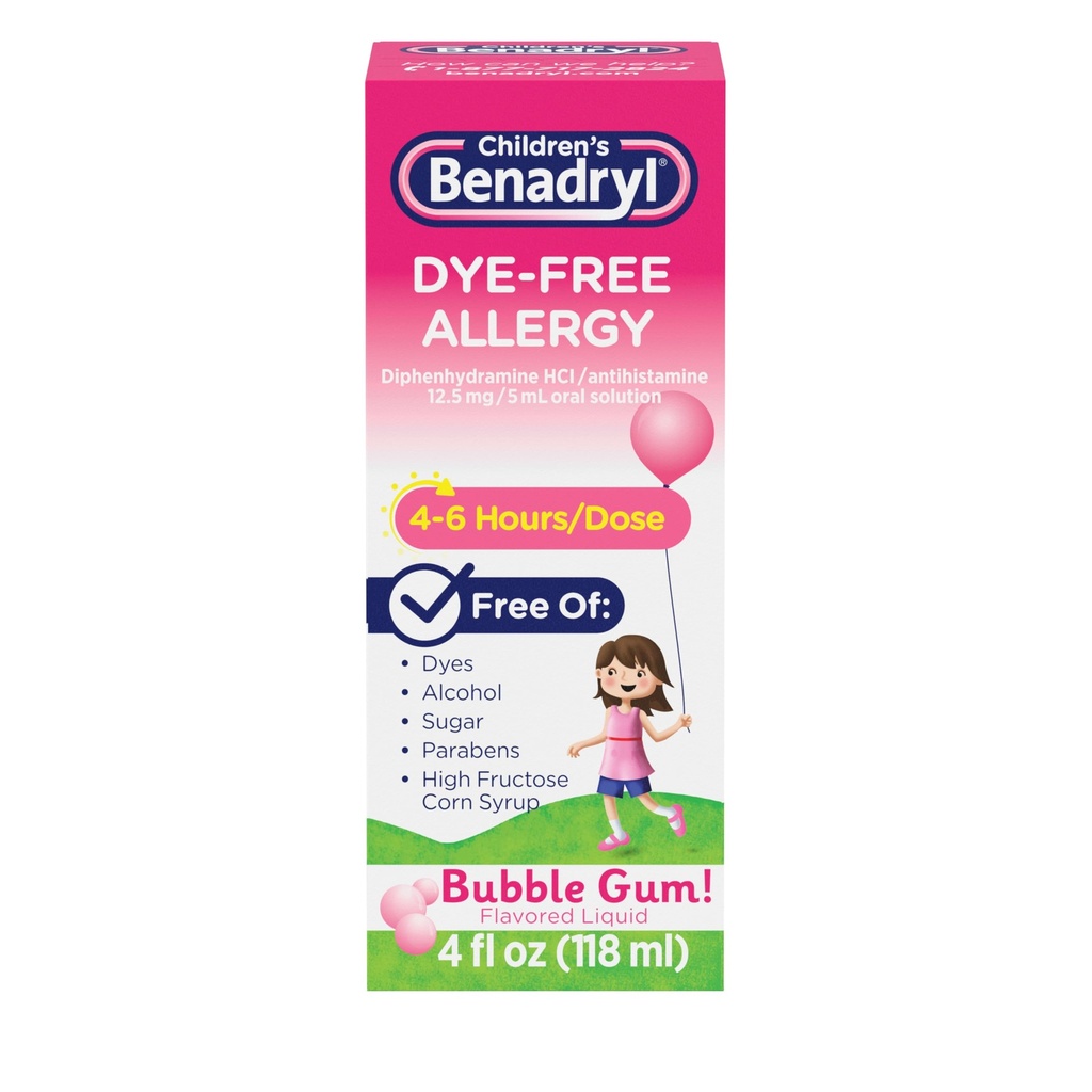 Kinder Benadryl Dye-Free Allergy Relief Liquid + 12.5 mg Diphenhydramin HCl, Antihistamin Allergy Medicine for Kids hilft Runny Nose & Sneezing, Bubble Gum Flavor, 4 fl. oz