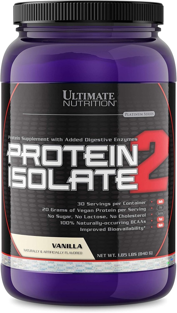 Ultimate Nutrition Vegan à base de protéines végétales en poudre isolée - Pas de sucre et pas de lactose - 20 grammes de protéines par portion avec 100% naturellement des BCAA, Vanille, 2 livres