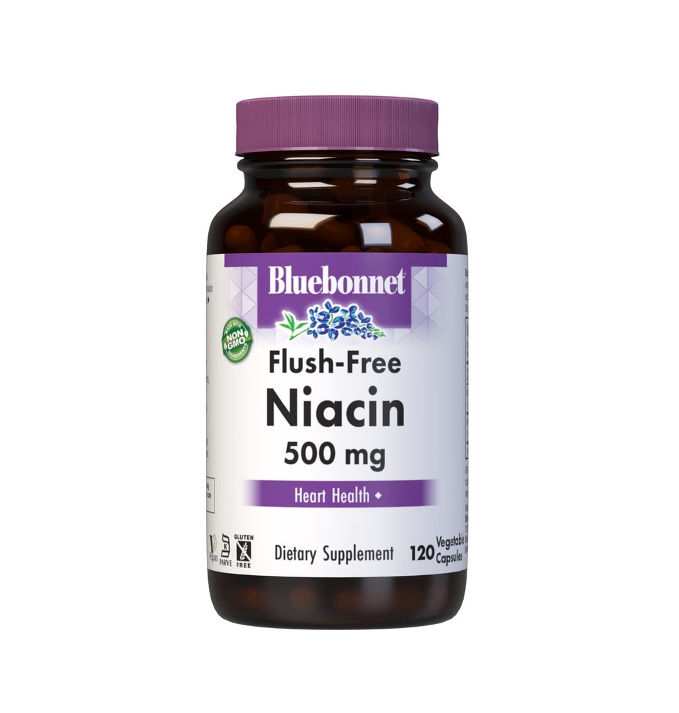 BlueBonnet Nutrition Niacine sans flush 500mg, pour le soutien cardiovasculaire alimentaire Capsules végétales, sans soja/lait/gluten, non-OGM, certifié Kosher, végan, blanc, 120 Nombre