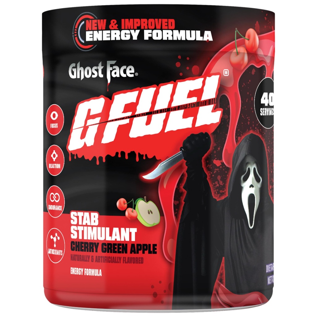 G Fuel Fantôme visage énergie boisson poudre, pré-entraînement caféine mélange pour le jeu, sucre sans accent Amino, vitamine + antioxydants, 9,9 oz (Pomme vert cerise, 40 portions)