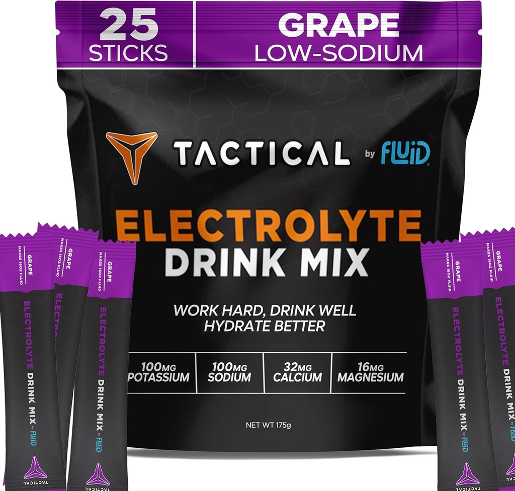 Fluid Tactical - Paquets de poudre d'électrolyte, Accélérer la réhydratation, Sucre faible, Mélange de boisson d'électrolyte, Prévenir la déshydratation, Éliminer les crampes