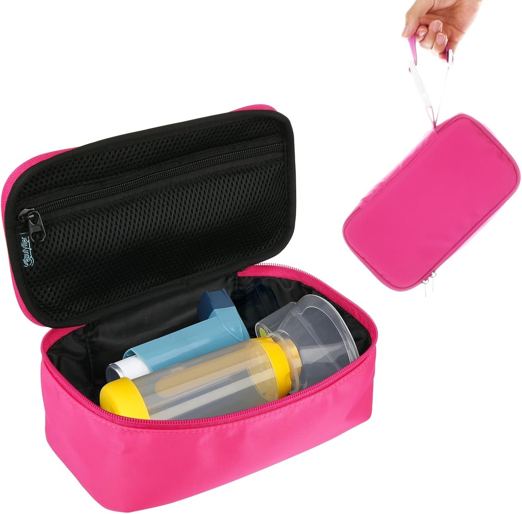 Beautyflier Travel Carrying Case for Portable Nebulizer, Inhaler Spacer für Kinder und Erwachsene, Inhaler Holder Asthma Carrying Bag mit Mesh Pocket for Medicine and Other Essentials, Pink (Sache Only)