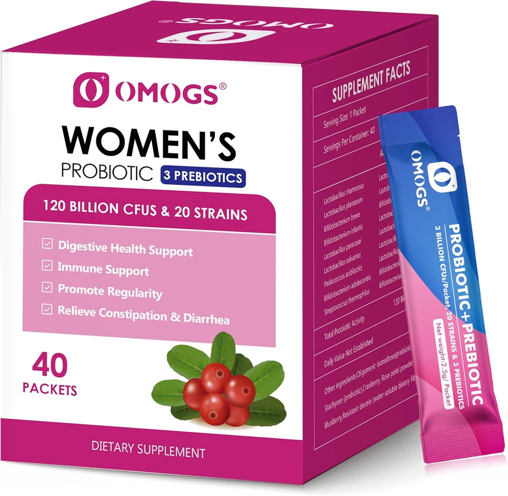 OMOGS Women's Probiotic,120-Billion-CFUs, 18 Strains, mit 3 Prebiotics und Cranberry Extract, Hilfe für Immun Booster, Verdauungsgesundheit, Gut Health und Vaginal Health