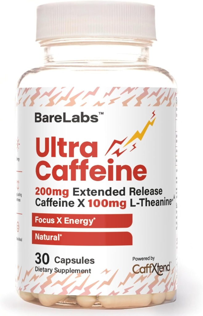 Ultra Caffeine Pills + 200mg Extended Release + L-Theanine for Energy & Focus + No Jitters, No Crash + Natural Caffeine Supplement - 30 Capsules