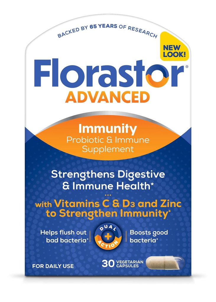 Florastor Select Immunity Boost Daily Probiotic & Immuni Support Supplément pour les femmes et les hommes, Saccharomyces Boulardii CNCM I-745 Plus Zinc, Vitamine C & D3 (30 capsules)