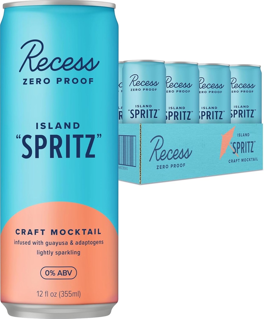Recess Zero Proof Craft Mocktails, boissons sans alcool, avec adaptogènes, remplacement de boissons non alcoolisées, mélangeur, fête, fête, (île Spritz, 12 oz, paquet de 12)