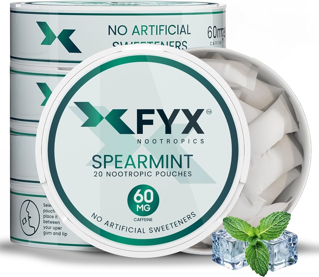 FYX Caféine Pochettes Nootropic – Énergie propre et focus avec Alpha-GPC, L-Tyrosine et L-Theanine – 60mg Caféine Pochettes – Pochettes Alpha Nootropic sans sucre – 5-Pack (5-Count, Spearmint)
