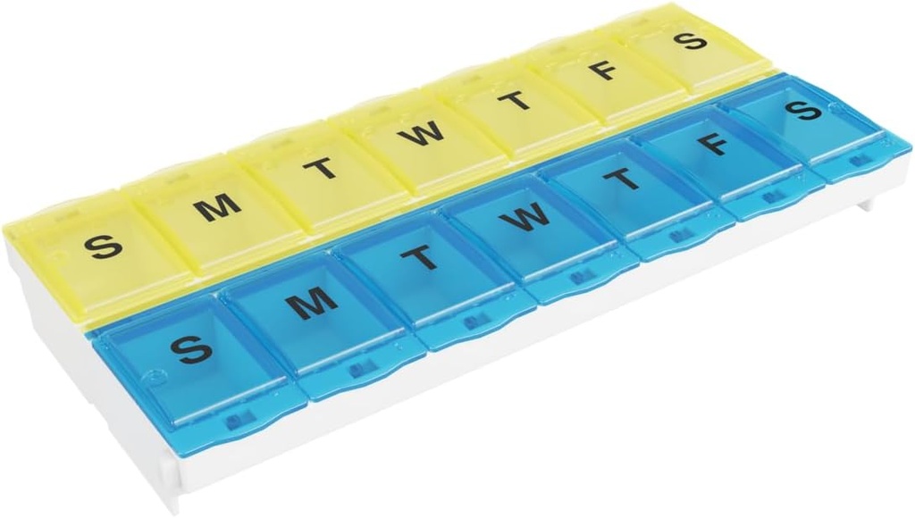 EZY DOSE Pill Organizer Weekly AM/PM (7 jours), planificateur de médicaments, boîtier/boîte à vitamines, compartiments de verrouillage de grande taille pour sécuriser l'ordonnance et prévenir les déversements accidentels, bleu et jaune, sans BPA
